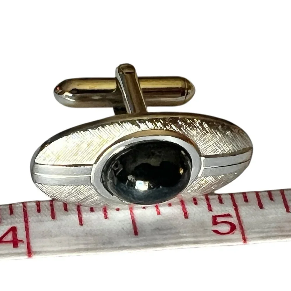 Swank Midcentury Modern Silvertone Cufflinks With Black Stone 1